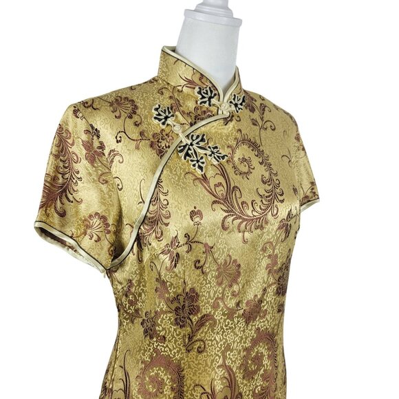 Modern Cheongsam Traditional Gold Brown Embroidery Floral Swirl Dress Korean 38 - Picture 5 of 16
